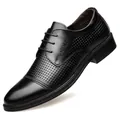 Elegant black breathable leather dress shoes for men featuring pointed toe and hollow texture - Black Hollow Style