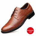 Classic men's brown breathable leather dress shoes with pointed toe for business formal - Brown Hollow Style