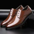 Classic brown leather lace-up derby dress shoes for men with embossed sport detail - Brown All-Season Style