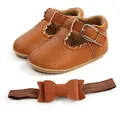 Brown leather baby princess walking shoes 2-piece set including matching bow headband. - 11cm / Prewalker Shoes and Headband Set / Brown