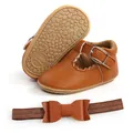 Classic tan faux leather baby Mary Jane shoes with a matching bow headband for girls - 11cm / Brown (With Headband)