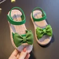 Green girls sandals with sparkling glitter bows and soft woven soles for summer beach - 34 / Green
