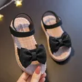 Charming girls' black summer sandals with glittery bows and soft woven pink soles - 24 / Black
