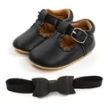 Black faux leather baby shoes with scalloped edges and matching bow headband set - 11cm / Prewalker Shoes and Headband Set / Black