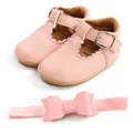 Detail view of pink baby toddler shoes with scalloped edges and matching bow headband - 11cm / Prewalker Shoes and Headband Set / Pink