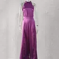 Elegantly styled purple satin halter neck sleeveless wide leg jumpsuit for women - 3XL / Top And Bottom / Purple