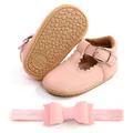 Pink baby girl princess walking shoes with matching bow headband and rubber sole - 11cm / Light Pink (With Headband)