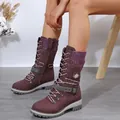 Elegantes botas burdeos de media caña con cordones, ribete de punto y hebilla lateral - 38 / Púrpura