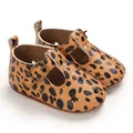 Macro view of leopard print PU leather baby pre-walker shoes featuring star cutouts - Inner Length 11cm / Leopard Print