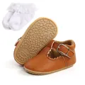 Classic brown baby girl princess walker shoes with rubber soles and white lace socks - 11cm / Brown (With Socks)