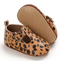 Leopard print PU leather baby shoes with soft non-slip sole, buckle strap and star cutouts - Leopard Print