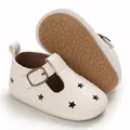 Soft white PU leather baby pre-walker shoes with star cutouts and adjustable buckle strap - Inner Length 11cm / White