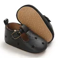 Classic black PU leather baby pre-walker shoes with star cutouts and anti-slip soft sole - Inner Length 11cm / Black