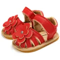 Mignonnes sandales rouges pour bébé fille avec fleur décorative et semelle en caoutchouc souple - Rouge
