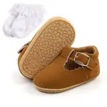 Brown suede baby girl Mary Jane shoes with soft rubber sole and white lace socks - 11cm / Matte Brown (With Socks)