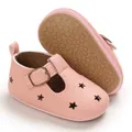 Pink PU leather baby shoes with star cutouts and non-slip sole for infants. - Inner Length 11cm / Pink