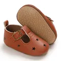 Brown PU leather pre-walker baby shoes with star cutouts and anti-slip pebble sole - Brown