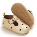 Golden PU leather baby pre-walker shoes featuring star cutouts and adjustable buckle strap - Inner Length 11cm / Gold