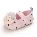 Pink baby girl walking shoes with blue polka dots and a cute plush strawberry detail. - Light Pink