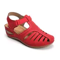 Detailed view of red women's comfort wedge sandals with elegant cutouts and non-slip sole. - Red