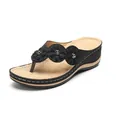 Women's black wedge flip-flop sandals with three-dimensional flower decorations - 36 / Black