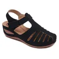 Elegant black hollow-out wedge sandals for women featuring comfortable round toe design - Black