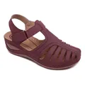 Women's burgundy hollow wedge sandals with comfortable round toe and velcro strap - Purple