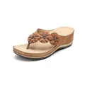 Brown platform thong sandals for women with three decorative flowers on straps. - 36 / Dark Brown