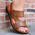 Comfortable casual brown leather men's two-way beach sandals and slippers for summer - Yellow