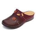 Vintage burgundy faux leather women's flat clogs with decorative floral appliqués and stitching - Burgundy