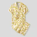 Men's yellow rose floral Hawaiian shirt and shorts two-piece beach set in casual style. - L / Top And Bottom / Yellow