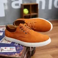 Men's stylish orange suede casual lace-up sneakers with comfortable white rubber soles - 38 / Yellow