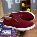 Fashionable burgundy suede men's casual lace-up sneakers with a white rubber sole - Burgundy