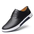 Black men's casual perforated leather shoes with white rubber sole and lace-up design - 38 / Black (Y1985-1)