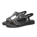 Sandales plates noires bohèmes élégantes avec motifs floraux complexes en strass et gemmes - 35 / Noir