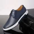 Navy blue perforated men's casual leather shoes with breathable hollow out design - 38 / Blue (Y1985-1)