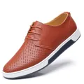 Men's brown perforated leather casual shoe with hollow design and stylish white sole - 38 / Brown