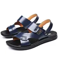 Sandales pour hommes en cuir bleu foncé premium avec trous respirants et semelle gomme - Bleu