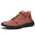 Durable men's brown casual leather shoes featuring decorative hand-stitching and rubber sole. - 38 / Work Casual Shoes (9938) / Red
