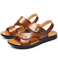 Sandales classiques pour hommes en cuir véritable marron avec semelle noire durable. - Kaki