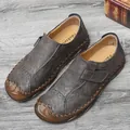 Mocassini casual da uomo in pelle bovina grigio scuro con dettagli cuciti a mano - Grigio