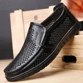 Mocasines de cuero negro transpirables para hombre con suela blanda - Negro