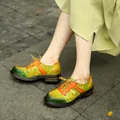 Klassische Schnürschuhe aus echtem Leder mit buntem Blumendruck und Blockabsatz für Damen - 36 / Grün