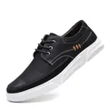 Premium black men's plus size casual leather sneakers with thick white soles and laces - Black