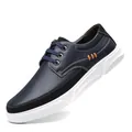 Men's navy blue leather casual board shoes with thick white sole, available in large sizes - Blue