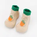 Detailed view of beige baby sock shoes with carrot patch and soft rubber soles. - Internal Length 11.5cm / Light Pink Strawberry