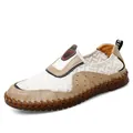 Mocassins en maille respirante pour hommes, coloris kaki et blanc avec semelle - Blanc Cassé