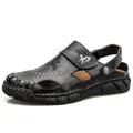 Hochwertige schwarze Herren-Leder-Sandalen mit handgenähten Details und Profilsohle - Schwarz
