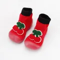 Red baby indoor sock shoes with cherry embroidery and breathable soft rubber sole - Internal Length 11.5cm / Red Cherry