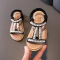 Elegant girls' black Roman sandals featuring exquisite pearls and rhinestones decoration - Size 27 Inner Length 16.5 / Black
